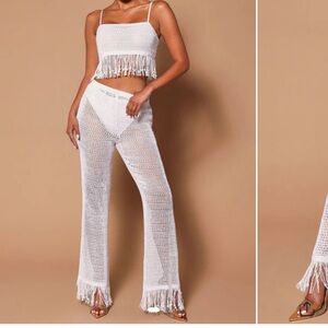 White Crochet Fringe Pants